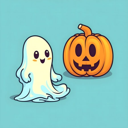 Cute ghost and carved pumpkin for Halloween. Fun and festive illustration.の写真素材