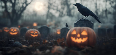 Jack-o'-lanterns illuminate a spooky graveyard at night. A crow perches on a tombstone.の写真素材