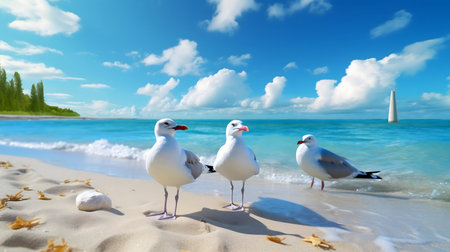 Three seagulls on a pristine beach, basking in the summer sun.の写真素材