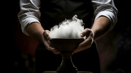 A chef presents a bowl filled with dry ice creating an enchanting effect.の写真素材
