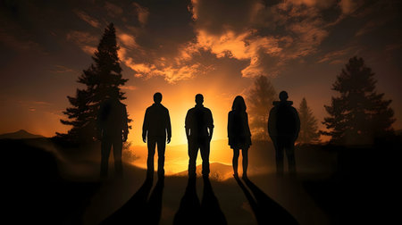 Four silhouetted figures stand at sunset on a mountain, a serene and mysterious scene.
