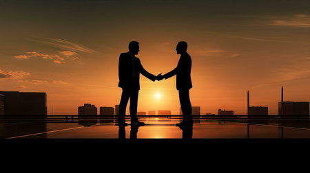 Two businessmen shake hands at sunset, symbolizing a successful business deal. The urban skyline reflects in the polished floor.の写真素材