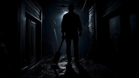 Silhouetted man holds a shovel in a dim lit corridor. Suspenseful and mysterious.の写真素材