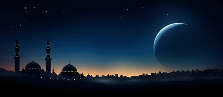 Night scene of a city with mosques and a large crescent moon.の写真素材