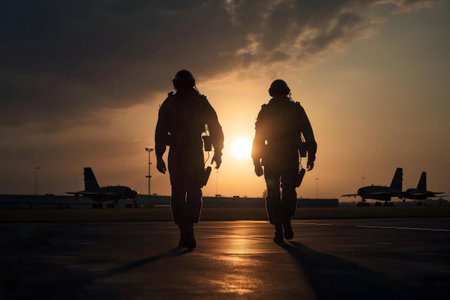 Two pilots walk towards the sunset with jets parked on the runwayの写真素材