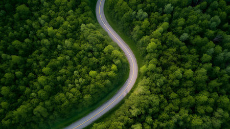A winding road cuts through a dense, green forest. Aerial perspective.
