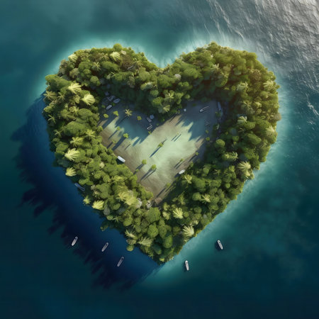 Aerial view of a heart-shaped island, lush greenery, surrounded by serene ocean. Tropical paradise.の写真素材