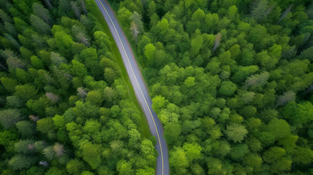 A winding road cuts through a dense green forest, seen from above. Lush vegetation fills the frame.の写真素材