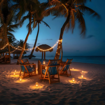 Romantic beach dinner setting at night with palm trees, candles and string lights.の写真素材