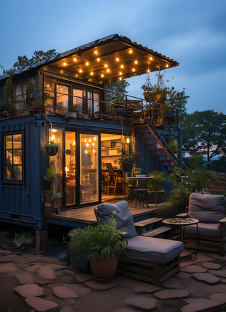 Stunning view of a modern container home at twilight, illuminated by warm lights. Cozy atmosphere.の写真素材