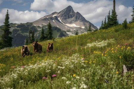 Three brown bears stroll through a vibrant alpine meadow, majestic mountain backdrop.の写真素材