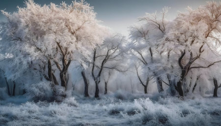 Breathtaking winter scene of frost covered trees in a serene forest.の写真素材