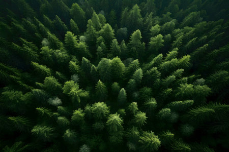 A breathtaking aerial shot showcasing a dense evergreen forest, rich in vibrant green hues.の写真素材