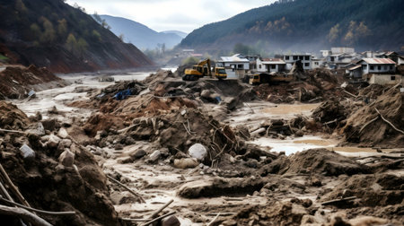 A village devastated by a massive landslide. Mud and debris cover everything.の写真素材