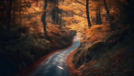 A picturesque autumn forest road. Winding path surrounded by vibrant orange and brown foliage.