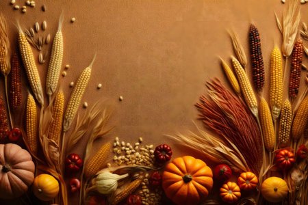 A vibrant autumnal still life featuring an array of pumpkins, corn, wheat, and other harvest bounty.