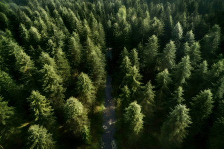Drone shot showcasing a dense forest with a small stream winding through it.