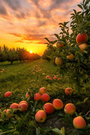 Golden hour sunset over a lush apple orchard. Ripe apples scattered on the ground.の写真素材