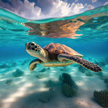 A stunning underwater shot of a green sea turtle swimming gracefully over a vibrant coral reef.の写真素材