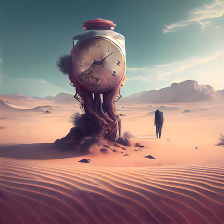 Surreal desert scene with a clock embedded in a tree, a lone figure walking towards it.の写真素材