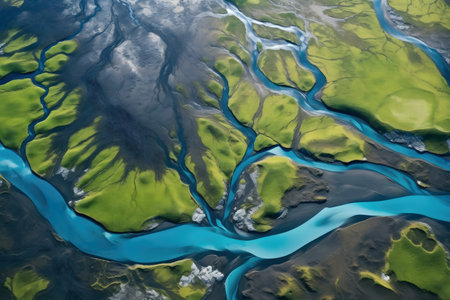 Stunning aerial shot of Iceland's vibrant rivers and lush green hills. A beautiful display of nature.の写真素材