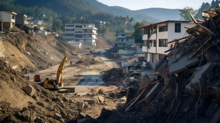Aftermath of a devastating landslide. Cleanup and recovery operations are underway in a mountain village.の写真素材