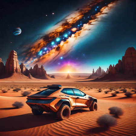 Futuristic car in a desert under a breathtaking alien sky.の写真素材