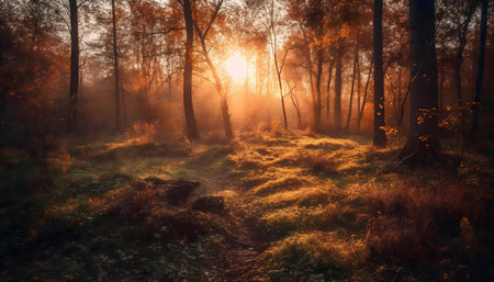Golden sunrise lights up a misty autumn forest. Tranquil scene.の写真素材