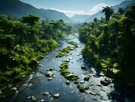 A tranquil river flows through a lush tropical valley, surrounded by vibrant greenery and majestic...