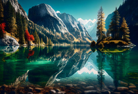 Stunning mountain lake reflecting crystal clear water.の写真素材