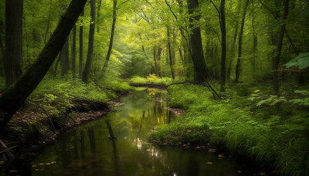 A tranquil forest stream reflects the surrounding greenery, creating a serene and peaceful...