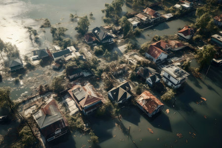 Aerial shot showing a neighborhood completely flooded after a catastrophic event.の写真素材