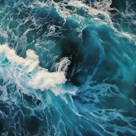 Stunning aerial shot of ocean waves. Turquoise water and white foam.
