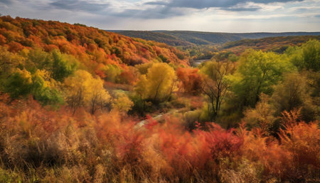 Vibrant autumn paint colors the forest and river valley.の写真素材