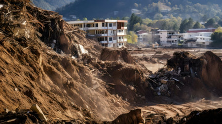 A catastrophic landslide has destroyed numerous homes, leaving a scene of utter devastation.の写真素材