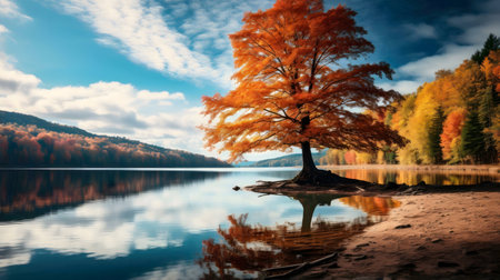 A single tree with fiery autumn leaves stands by a calm lake, its reflection mirroring the vibrant colors of the surrounding forest and sky.の写真素材
