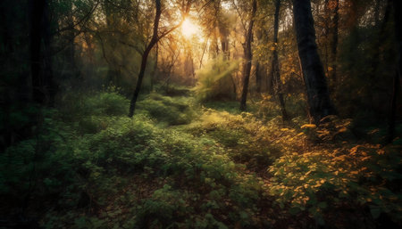 A sunlit path in a mysterious forest. Golden hour light creates a magical atmosphere.の写真素材