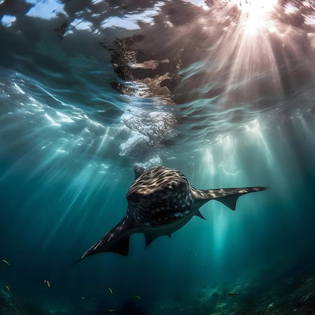 A whale shark swims gracefully through sunlit waters. A mesmerizing underwater sceneの写真素材