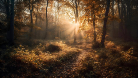 Mystical autumn forest at dawn. Sunbeams pierce the fog.の写真素材