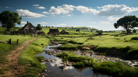 Charming rural village beside a calm stream. Lush green meadows under a summer sky.の写真素材