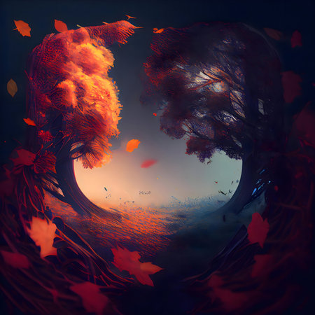 Two trees, one fiery autumnal, the other dark and mysterious, swirl in a digital painting representing the autumnal equinox.の写真素材