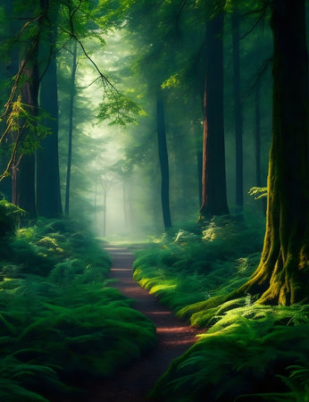 A sunlit path winds through a mystical forest, the air thick with fog and the ground carpeted in lush greenery.の写真素材