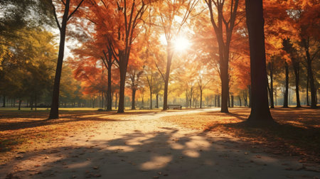 Serene autumn scene, sunlit park path, vibrant foliage.の写真素材