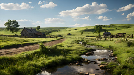 Picturesque view of an old abandoned farmhouse nestled in a tranquil rural landscape, with a gentle...