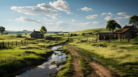 Peaceful countryside scene with rustic farmhouses and rolling green hills under a clear sky.の写真素材