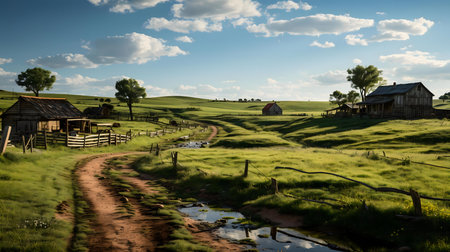 Picturesque view of a tranquil countryside with rustic farmhouses and rolling green fields. A sunny day.の写真素材