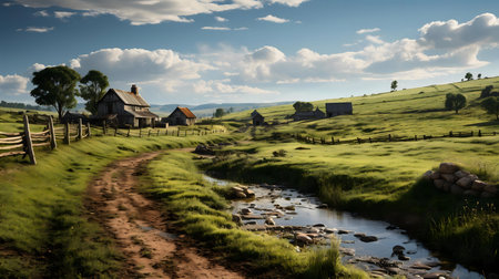 A picturesque countryside scene featuring farmhouses, rolling green hills, and a tranquil stream.の写真素材