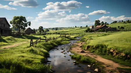 Picturesque countryside scene with a stream flowing through lush green fields and rustic farmhouses.の写真素材