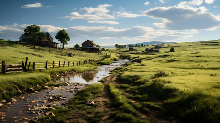 Picturesque farmland scenery with houses, a stream and lush green fields under a bright sky.の写真素材