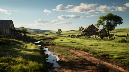 Picturesque countryside scene. Rustic farmhouses, lush green fields, and tranquil atmosphereの写真素材